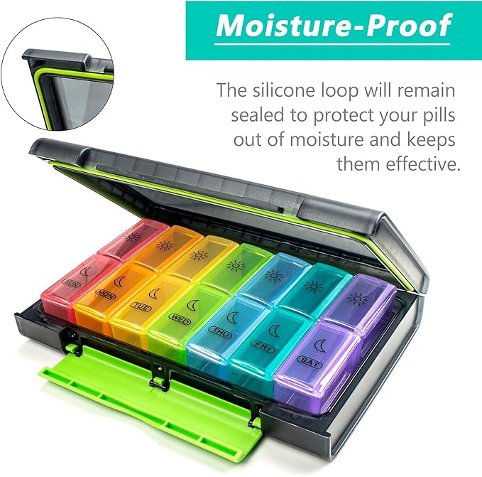 Weekly Pill Organizer, 7 Day Pill Box (2-Times-A-Day) Portable for Travel with Moisture-Proof Design Am/Pm Pill Case to Pills/Vitamin/Fish Oil/Supplements