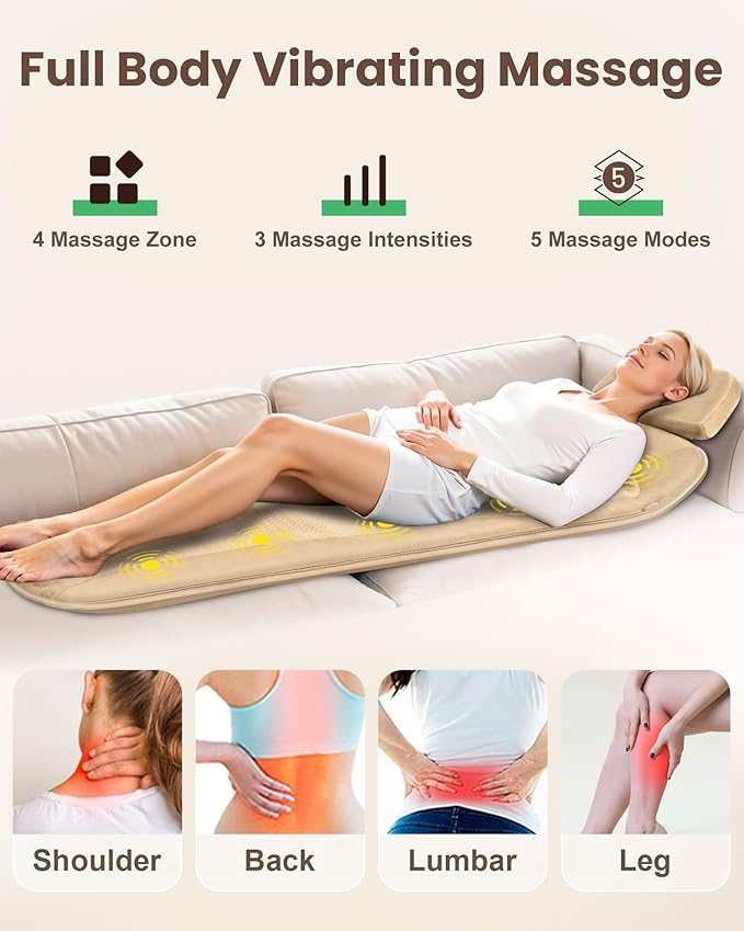 Full Body Massage Mat with Heat, Vibration Back Massager, Massage Chair Pad, 10 Vibration Motors, 2 Heating Levels, Removable Lumbar Traction & Relaxation, Foldable, Gifts