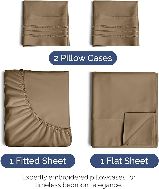 Queen Size 4-Piece Sheet Set - Extra Soft, Breathable & Cooling - Hotel Luxury Durable Bed Sheets - Deep Pockets, Easy-Fit & Wrinkle-Free - Neutral Brown Oeko-Tex