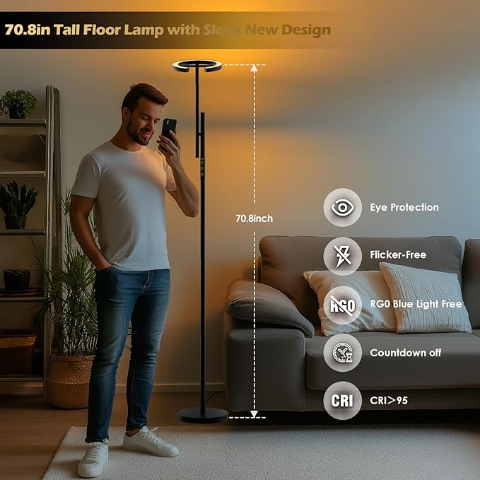 Light Therapy Lamp, 12000 LUX UV-Free Sunlight Lamp, Floor Lamp with Remote, Full Spectrum Sun Lamp, 4 Color Temps 2700-6500K & 7 Brightness & Timer LED Lamp for Living Room Bedroom Home Office, Black