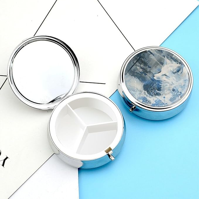 Anime White Fox Pill Box Travel Pill Case for Purse Pocket Weekly Medicine Organizer with Mirror 3 Compartment Round Medicine Case Portable PillcaseHolder for Daily