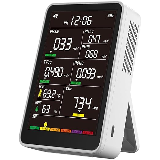Professional Indoor Air Quality Monitor with AQI Alerts, Portable Real-Time Detector for Home, Car, Plants & Pets