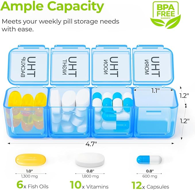AUVON Weekly Pill Organizer 4 Times a Day in 7 Colors with Face-Up Labels for Easy Organization, Portable AM PM Pill Box 7 Day with Dual Protection Keeps Medications, Vitamins, Fish Oils from Spills