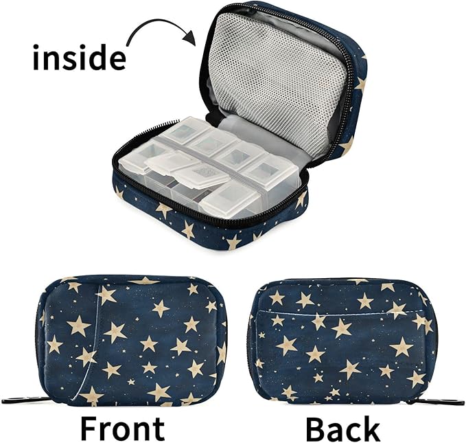 Fustylead Hand Draw Stars in Night Sky Pill Organizer and Storage Weekly with Zipper, Removable Pill Box Portable Medicine Organizer for Vitamin Fish Oil Supplement