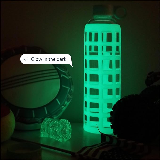 purifyou 40oz / 32oz / 22oz / 12oz Borosilicate Glass Water Bottle with Time & Volume Markers, Silicone Sleeve, Stainless Steel Lid | Reusable Glass Bottle for Water & Juice (32oz Glow-in-the-Dark)