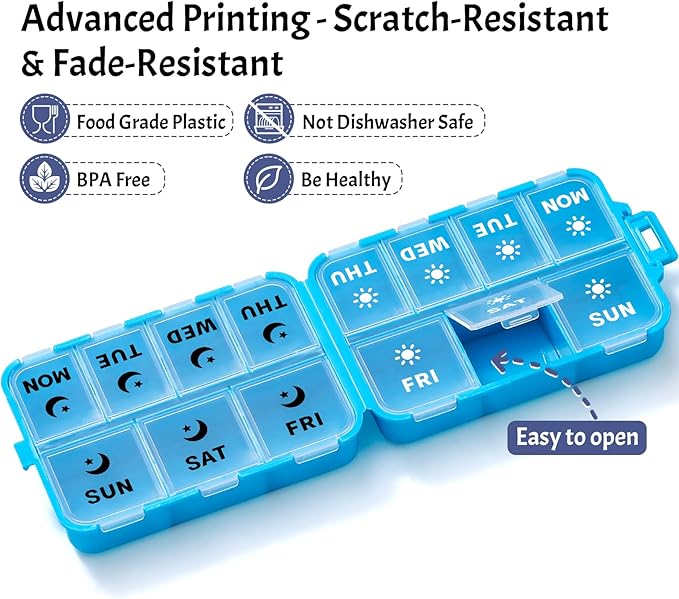 Foldable & Portable Weekly Pill Organizer 2 Times a Day with Clear Printed Labels - 7 Day AM PM Medicine Box, Week Daily Travel Pill Meds Case Holder for Medications, Vitamin, Supplement - Blue