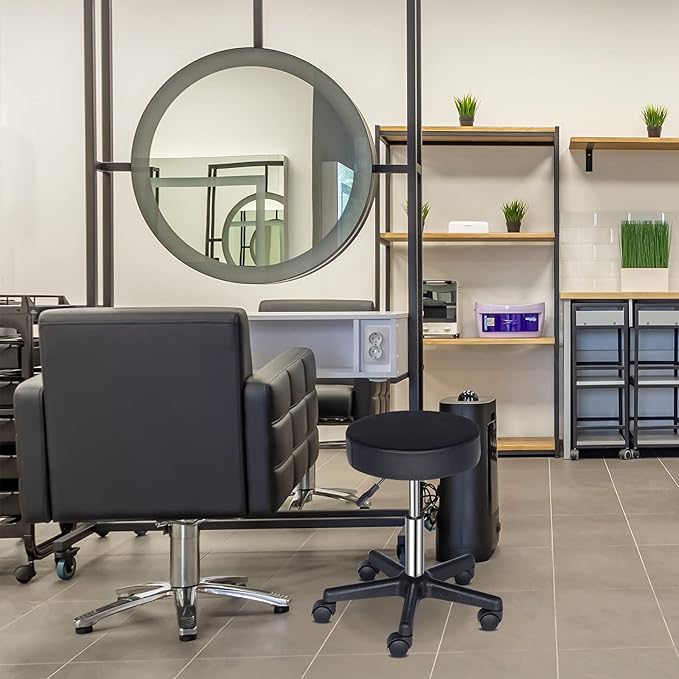 Round Rolling Bar Stool PU Leather with Wheels and Foot Rest, Height Adjustable Task Work Chair for Salon Spa Office Chairs