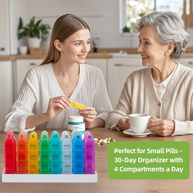 Mouthly Pill Organizer 4 Times a Day,GrnPeak 30 Day Pill Holder with Removable Daily Cases, Travel Friendly, Transparent Design for Small Pills & Vitamins