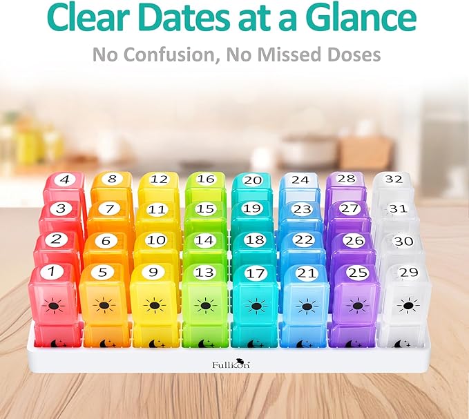 Fullicon Monthly Pill Organizer 2 Times a Day, 30 Day AM PM Pill Box with 32 Large Removable Cases, Medicine & Vitamin Storage for Travel & Home (Rainbow White)