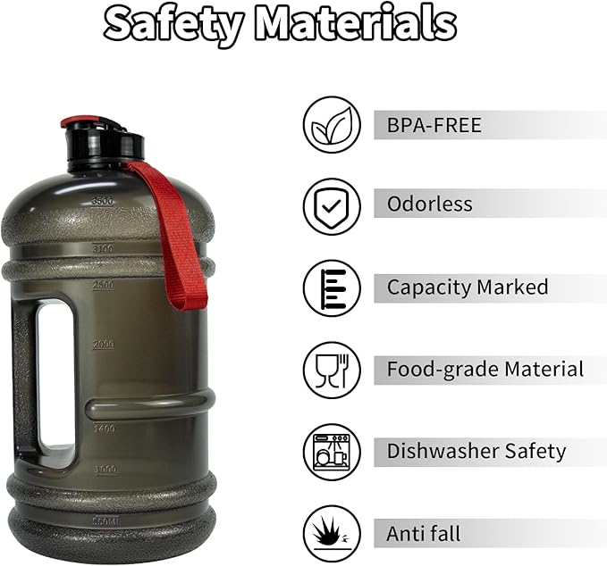 TOOFEEL 1 Gallon Water Bottle,Leakproof,BPA Free,Dishwasher Safe,128 oz Large Water Jug wiht Handle,Travel & Camping & Sports & Gym Water Bottle For Men and Women - Transparent Black