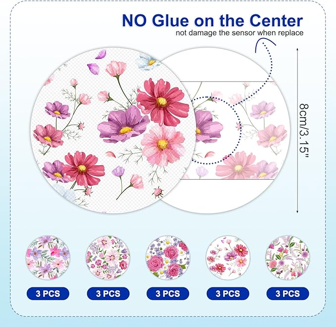 HONYOU Libre 2 Plus Sensor Covers Waterproof 15 Days Long-Stay Lingo Glucose Monitor Patch Pink Floral Pattern CGM Sensor Overpatch No Hole, Hypoallergenic & Latex-Free Sweatproof 15Pack