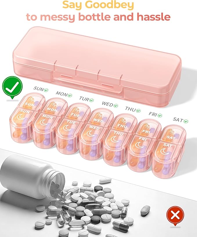 Weekly Pill Organizer 7 Day AM PM - Travel Pill Box 2 Times a Day with One-Hand Easy-Open Lid, 14 Compartments Portable Medicine Case for Daily Vitamins, Fish Oil, Pills and Supplements