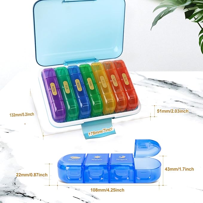 MURRI&MURRDI Pill Organizer 4 Times a Day, Daily Pill Box Large Weekly Medicine Case 7 Day Pill Dispenser Holder for Pills, Vitamins, Fish Oils, Medications, Supplements (28 Cells, Multicolored)