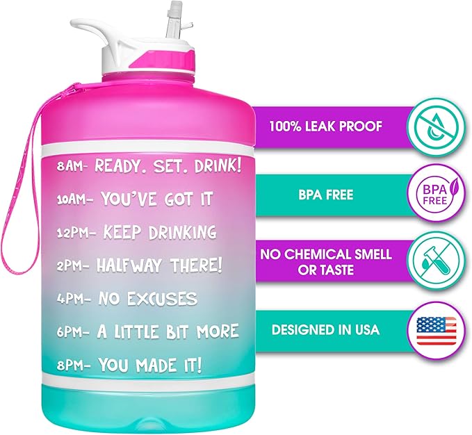 NatureWorks HydroMATE Gallon Water Bottle with Straw BPA FREE Leak Proof Reusable Water Bottle with Times to Drink Marked Hourly 128 oz