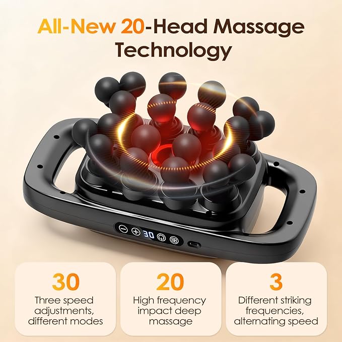 20-Head Massage Gun Set, Deep Tissue Percussion Massager with 3 Modes & 30 Intensities, Muscle Massager Pain Relief Portable Massage Gun for Back/Legs/Waists (Black, 20-Head)