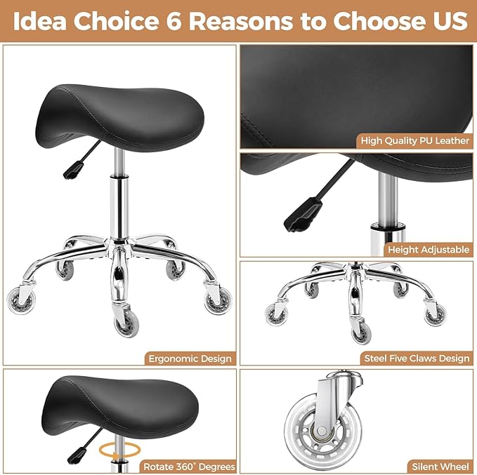 BEWISHOME Ergonomic Rolling Saddle Stool, Height-Adjustable Rolling 360° Swivel Saddle Stool Chair with Thickened Saddle Seat Padding, for Salons, Spas, Office, Black BMD02B