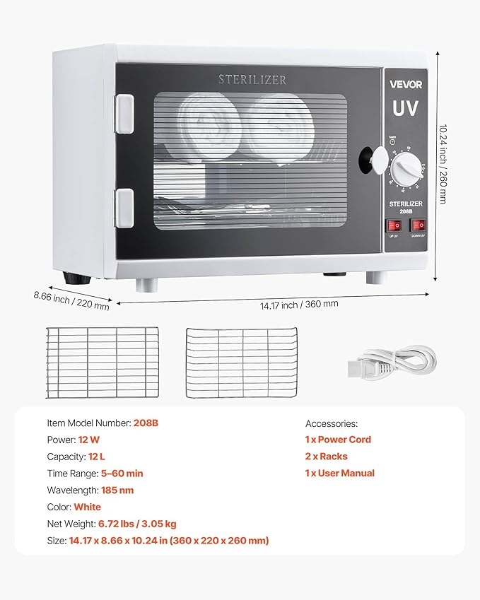VEVOR Nail Tool Cleaning Machine, 12L Large Capacity, Knob Control, Tool Cabinet Cleaner Box with Timer Setting, Tempered Glass Door, 185nm Wavelength, for Labs, Home, Nail Salons, Beauty Salons
