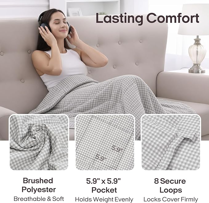 ZonLi Weighted Blanket(48"x72",12lbs, Grey and White Checkered) Twin Size Weighted Blanket for Adults, High Breathability Heavy Blanket, Soft Material with Premium Glass Beads