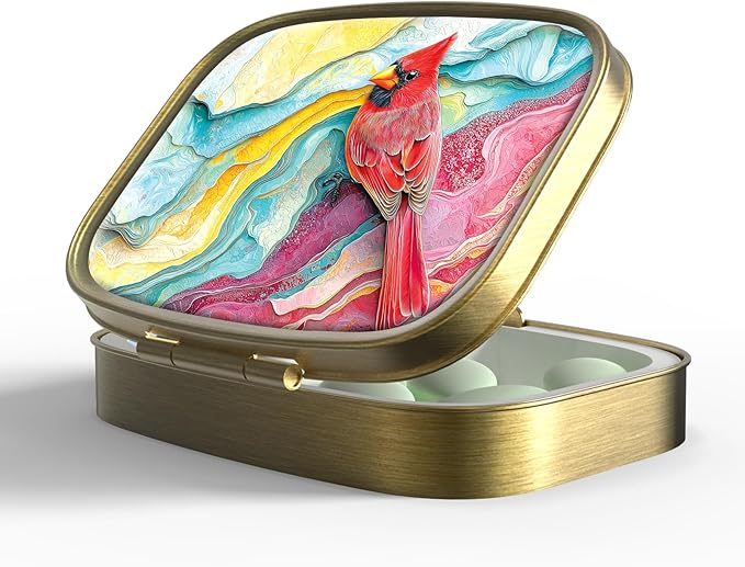 Small Pill Box Pill Case with Mirror Retro Pocket 2 Compartment Pill Holder for Purse or Pocket Bronze Portable Medicine Vitamin Container Fish Oil and Supplement Storage BPA-Free(Cardinal)