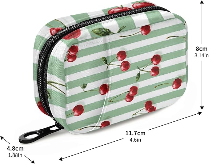 Vertical Green and White Striped Cherries Travel Pill Organizer Case Box Container Weekly Portable Vitamin Medicine Holder Storage Bag with Zipper Removable