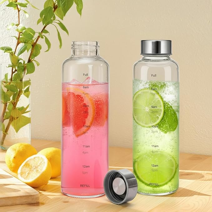 2 Pack Glass Water Bottles With Time Marker, 18 OZ Motivational Water Bottle with Non-slip Sleeve, Beverage Bottles with Hydrating Reminder, Reusable Drinking Bottle for Hot and Cold Drinks