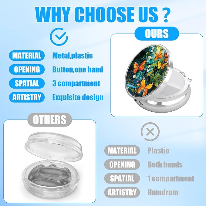 Pill Box, 3 Compartments Small Pill Case Travel Portable Metal Medicine Box with Mirror Mini Container for Purse Pocket Women Men（Watercolor Butterfly）