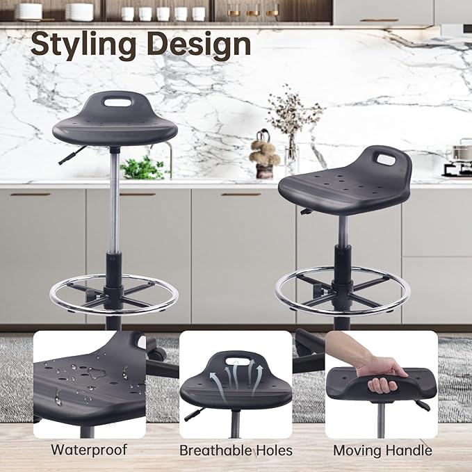 Round Rolling Drafting Stool with Foot Rest, Height Adjustable Swivel Multi-Purpose Office Desk Chair with Breathable Seat Cushion Stools for Home Bar Kitchen Salon Spa Medical, Black 4PK