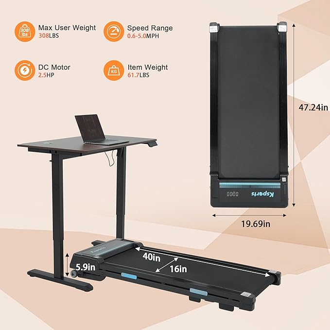 Ksports Walking Pad & Folding Treadmill – 2.5HP, Sit-Ups Mat, Bluetooth App, Portable Wheels | Incline, Desk, Dual Displays, 308 lbs & 265lbs Capacity