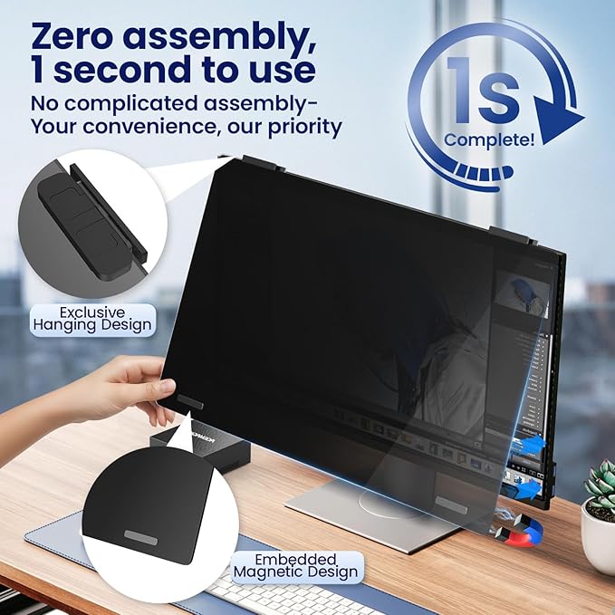 Magnetic 24 Inch Privacy Screen Hanging for Computer Monitor 16:9 Aspect Ratio,Anti Glare Blue Light Private Protector Eye Care,Removable Anti Spy Filter Shield for Digital Workplaces