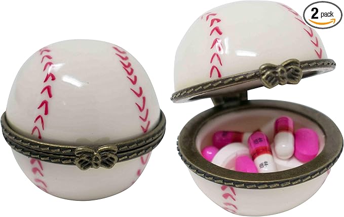 Set of 2 Ceramic Ball-Shaped Compact Pill Box & Organizer (Baseball)