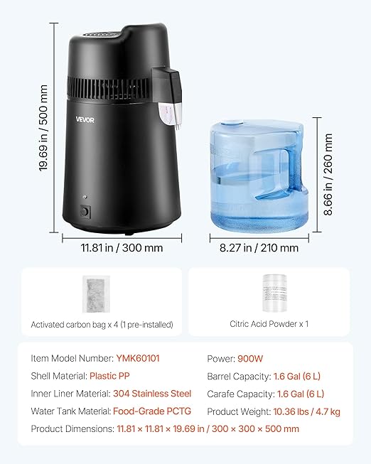 VEVOR Water Distiller, 6L / 1.6 Gallon Countertop Water Distiller for Home, 900W Distilled Water Maker with BPA-Free Plastic Container, 304 Stainless Steel Interior, Distilling for Drinking Water