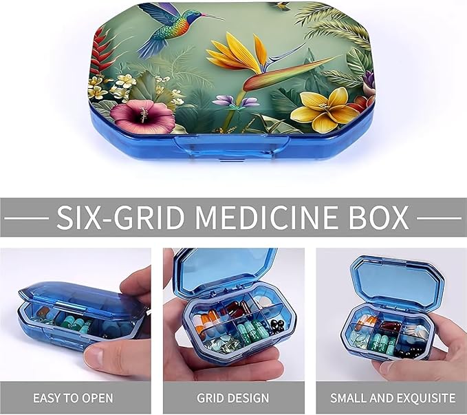 This Portable Hummingbird Tropical Flower Pattern 6 Compartment Pill Box Can Be Placed in A Pocket Or Wallet to Store Vitamins, Medicines Health Supplements Other Medications.