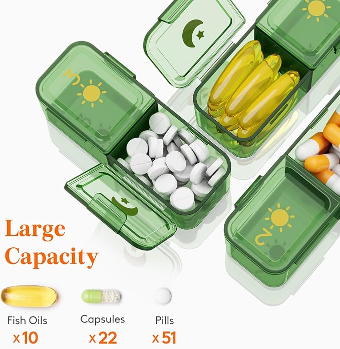 Lifewit Weekly Pill Organizer 2 Times a Day, Portable Travel 7 Day Lightproof Pill Box for Medicines/Vitamin/Fish Oils, Daily Pill Case, Green