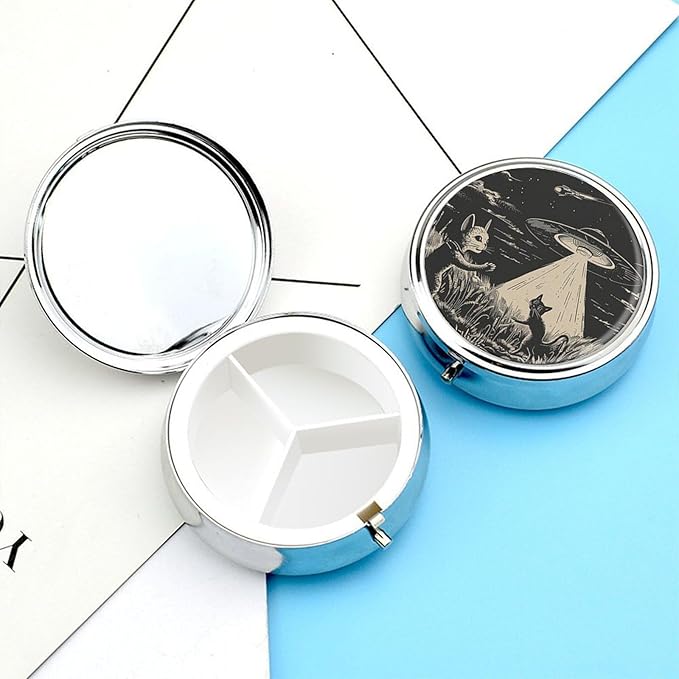 Pill Box-3 Compartment Small Pill Case, Portable Round Pill Box for Pocket or Purse, Decorative Metal Medicine Vitamin Organizer. (Alien Spaceship Landing on The cat)
