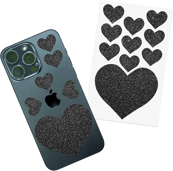 Dragon Grips Heart Stickers - 10 Pcs Black Heart-Shaped Rubberized Grip Stickers - Waterproof, Multi-Purpose, Non-Slip, Textured Cell Phone Grip Tape for Laptop, Mouse, Tablet, iPad, iPhone Case