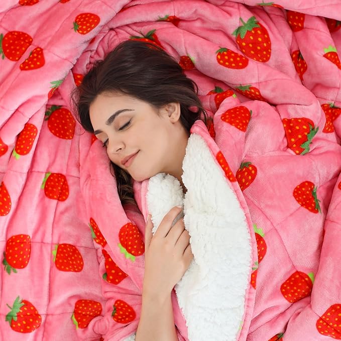 Aemicion Strawberry Pink Weighted Blanket for Adults,King Size Heavy Blanket 20lbs 80x87in,Soft Sherpa Fleece Washable Blanket as Gifts for Women Mon