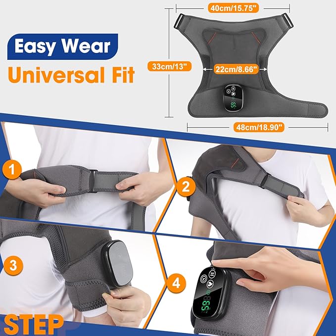 Upgraded Cordless Shoulder Heating Pad with Vibration, Rotator Cuff Pain Relief Pad with 4 Motors & Larger Heating Area, 5 Heat & Vibration Modes & 3Timer, 5000mAh Battery, Portable Shoulder Massager