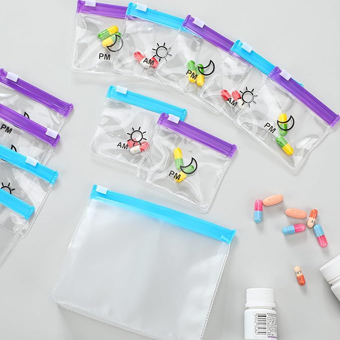 Colarr 14 Pcs AM PM Pill Pouches Bags Reusable Zippered Day and Night Pill Organizer with Slide Lock for Travel Medicine Case, 1 Large 14 Small(Blue, Purple)