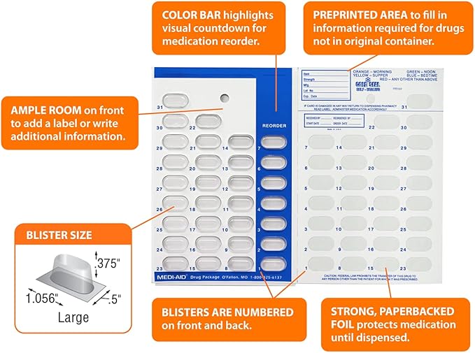 Color Coded AM/PM Monthly 31 Day Medication Blister Cards - Easy No Equipment Needed Cold Seal - 2X a Day Yellow for Morning Blue for Evening (6 Pack - 3 Yellow and 3 Blue)