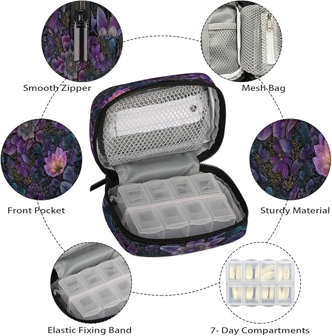 Purple Floral Mandala Pill Case Travel Pill Organizer Weekly 7 Day Portable with Zipper Medicine Box Pill Case for Vitamins, Birth Control,Fish Oils,Medication, Supplements