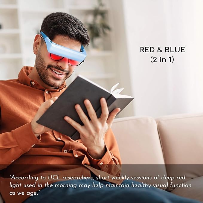 Red & Blue Light Therapy Glasses – 670nm Red Light for Eye Comfort & Visual Wellness, 480nm Blue Light for Energy, Mood & Sleep Support – Wearable Light Therapy Eyewear with Timer