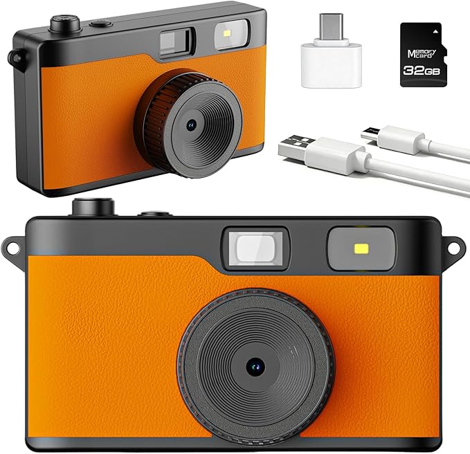 Screen Free Digital Camera, Reusable 12MP Vintage Digital Camera with Unlimited DIY Filters, OTG Support and Flash Light for Summer Camp with 32GB Micro SD Card, OTG Adapter and Type-C Cable（Orange）