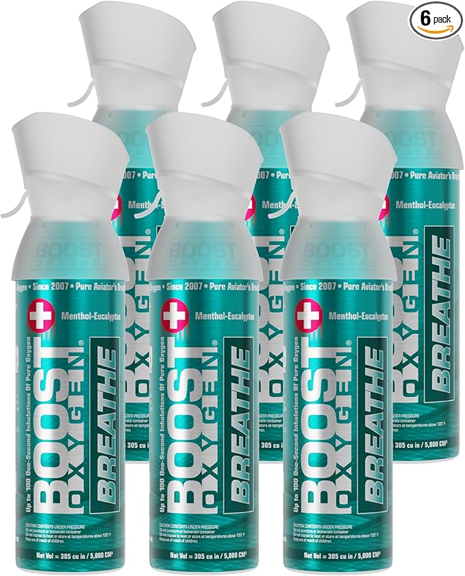 Boost Oxygen Medium Breathe Menthol-Eucalyptus Aroma 5L Canister | Respiratory Support for Altitude, Performance & Health (6 Pack)