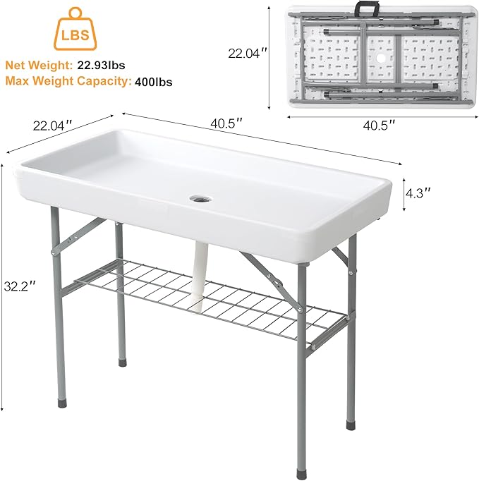 Allpop 4 Foot Folding Ice Cooler Table with Matching Skirt, Portable Patio Table with Grid Rack & Drain Hose for Party Bar Picnic BBQ Camping Wedding, White