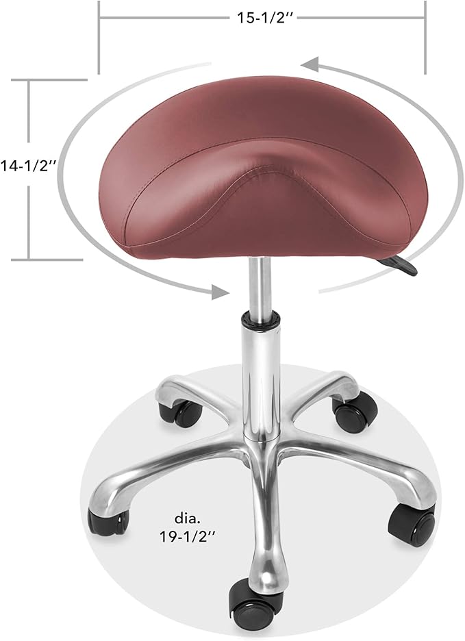 Saloniture Professional Ergonomic Saddle Stool, Burgundy - Adjustable Hydraulic Seat, Rolling Spa Salon, Massage, and Medical Office Chair with Swivel Wheels