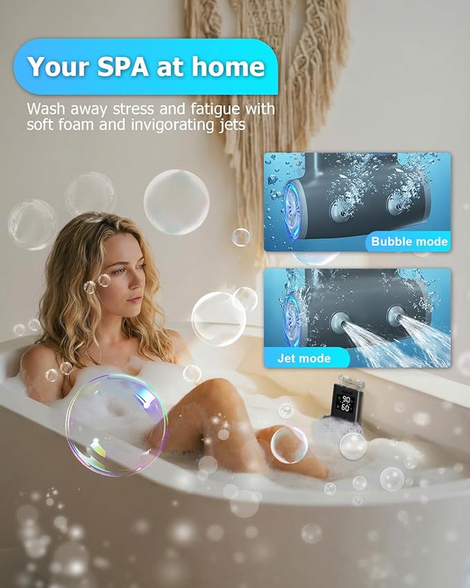 Portable Bath Jets for Tub: Cordless Jet Spa for Bathtub with 5-Level Adjustable Speed & LED Display, IPX8 Waterproof Bath Jets, 8 Suction Cups, Jet/Bubble Mode,Birthday Gifts for Women - Gray