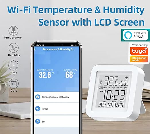 Smart WiFi Temperature Humidity Monitor: TUYA Wireless Temperature Humidity Sensor with APP Notification Alerts, WiFi Thermometer Hygrometer for Home Pet Garage,Compatible with Alexa