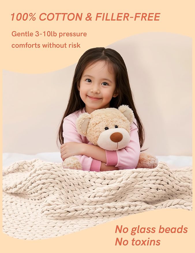 YnM Cooling Weighted Blanket, 100% Cotton Handmade Chunky Knitted Blanket, Weighted Lap, Breathable Heavy Blankets, Machine Washable Throw for Sleep or Home Decor (Cream, 50x60 Inch, 10lbs)