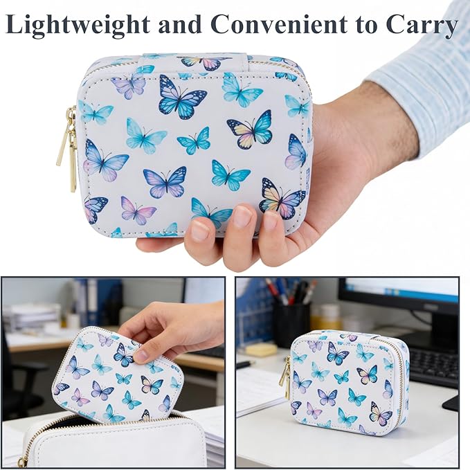 Weekly Pill Organizers, Portable Pill Case with Removable Pill Sorter, Travel Pill Organizer 7 Day,Leather Vitamin Box, Medicine Dispenser, Daily Pill Box Travel Case. (White with Butterfly)