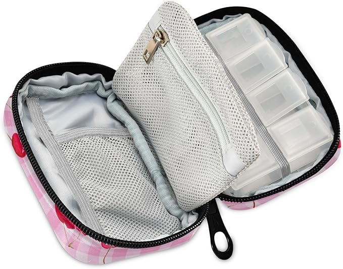 Pink Juicy Checkered Cherry Travel Pill Organizer Case Box Container Weekly Portable Vitamin Medicine Holder Storage Bag with Zipper Removable